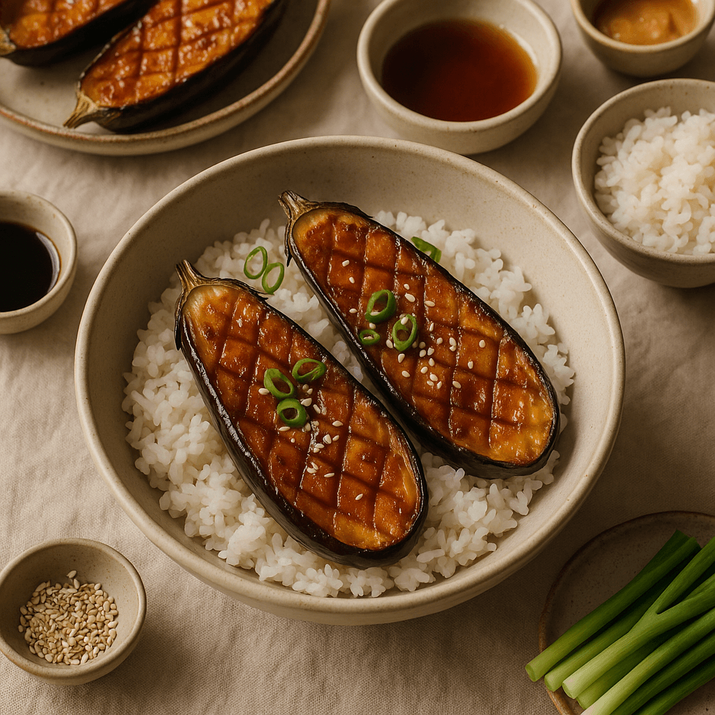 Roasted Miso-Glazed Eggplant Rice Bowls — Quick Meals recipe, editorial food photography