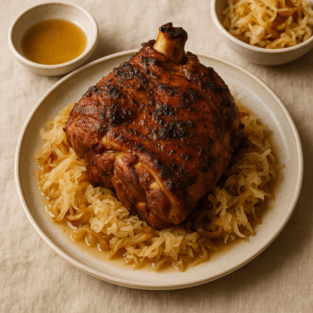 Roasted Pork Shoulder with Tangy Sauerkraut and Caramelized Onions — Budget recipe, editorial food photography