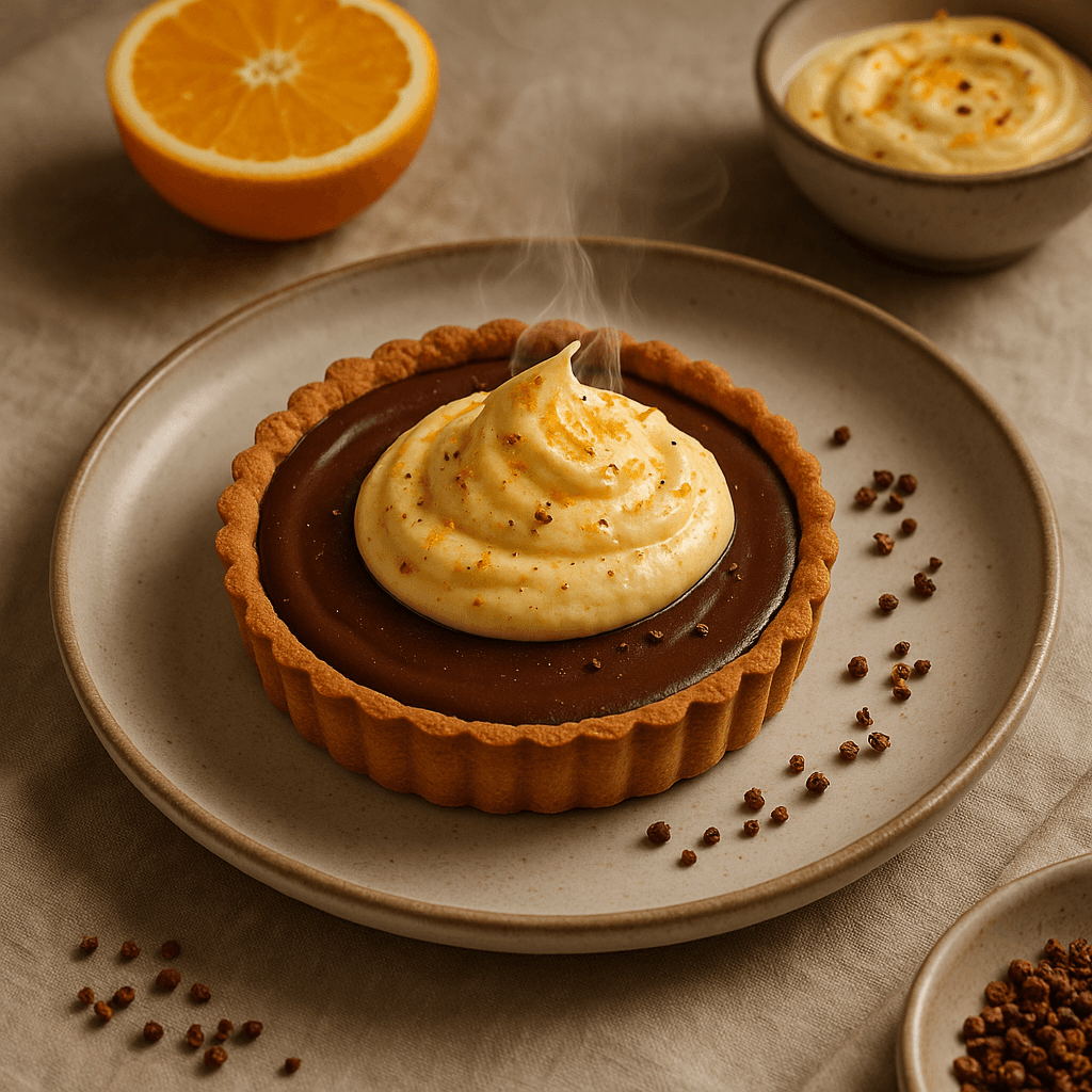 Roasted Sichuan Peppercorn Chocolate Tart with Spiced Orange Cream — Desserts recipe, editorial food photography