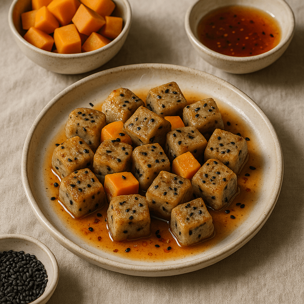 Roasted Sweet Potato and Black Sesame Mochi Bites with Chili Honey — Desserts recipe, editorial food photography