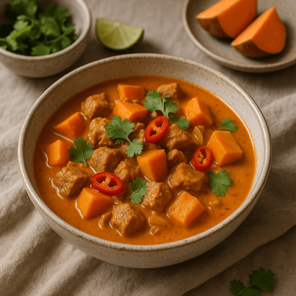 Rustic Thai Coconut Curry with Sweet Potato and Pork — Quick Meals recipe, editorial food photography