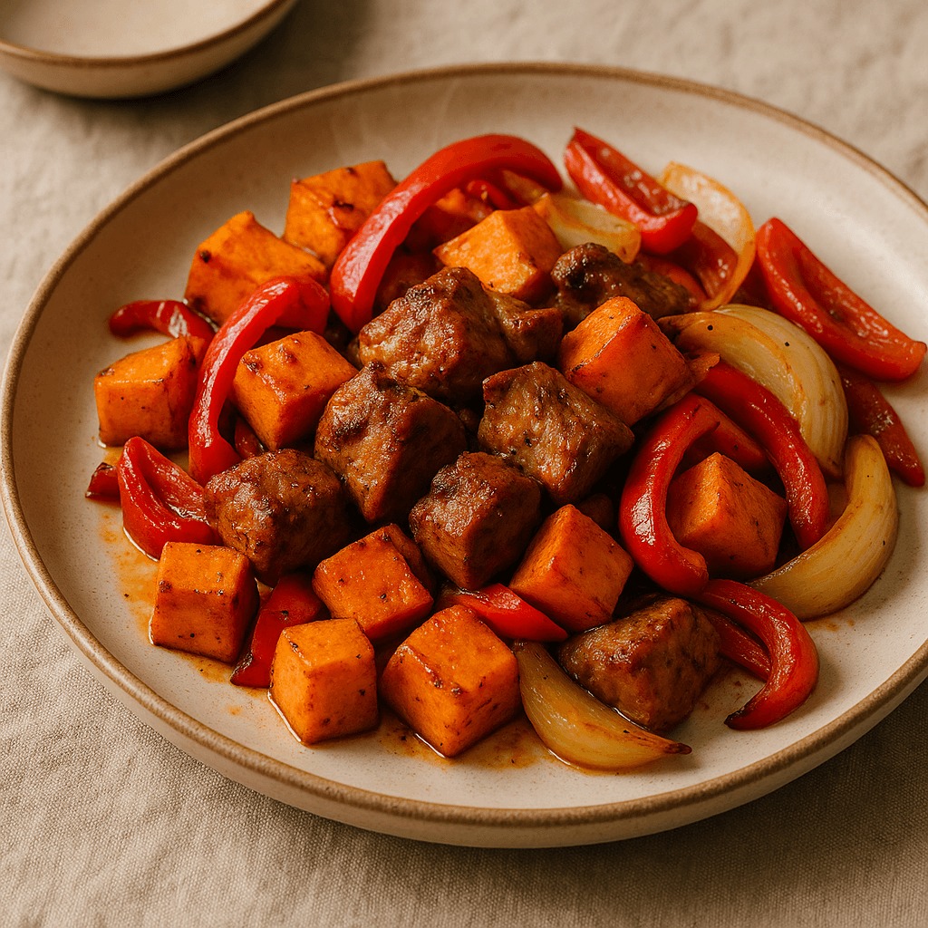 Sheet-Pan Cajun Roasted Pork and Sweet Potatoes — Budget recipe, editorial food photography