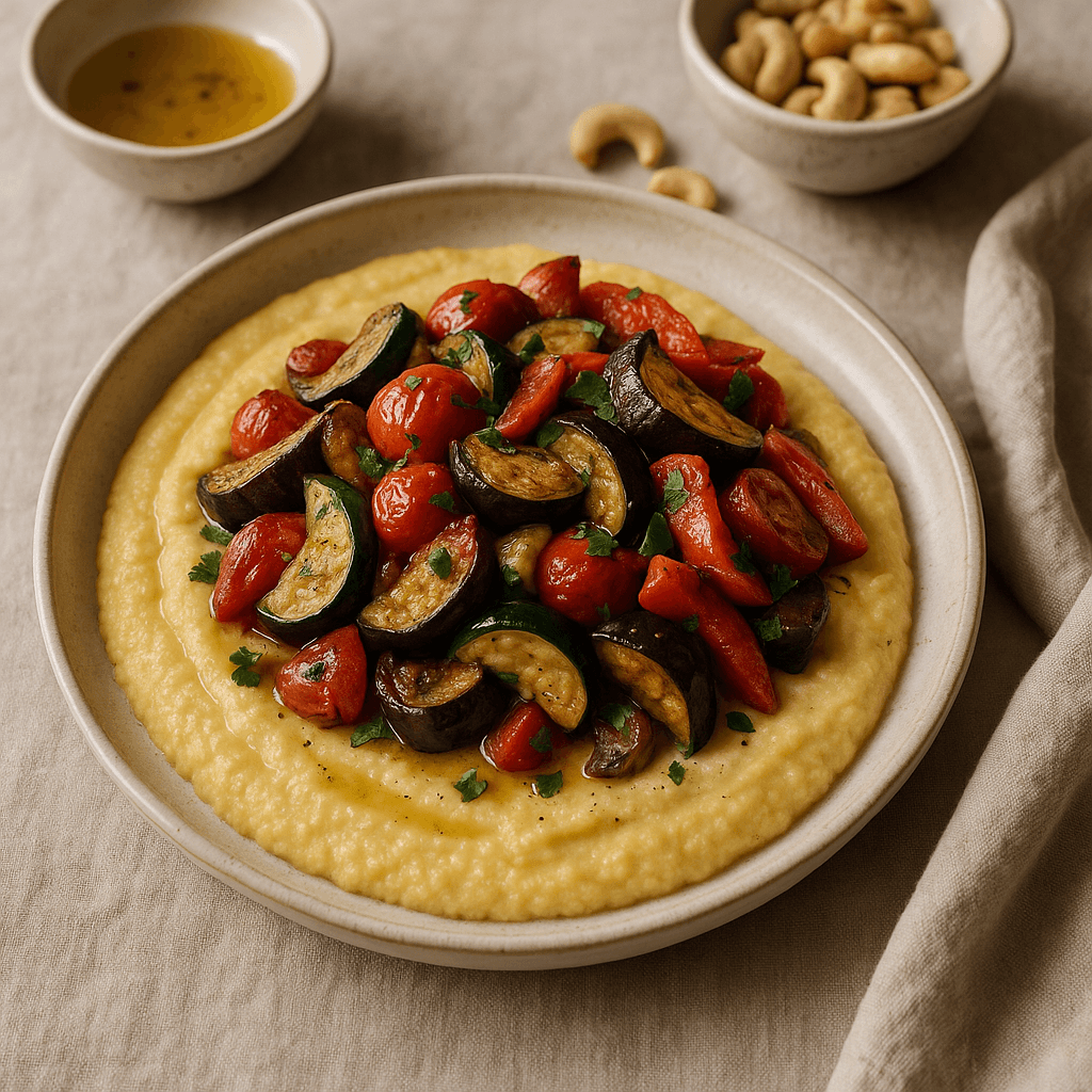 Sheet-Pan Creamy Cashew Polenta with Roasted Italian Vegetables — Vegan recipe cover