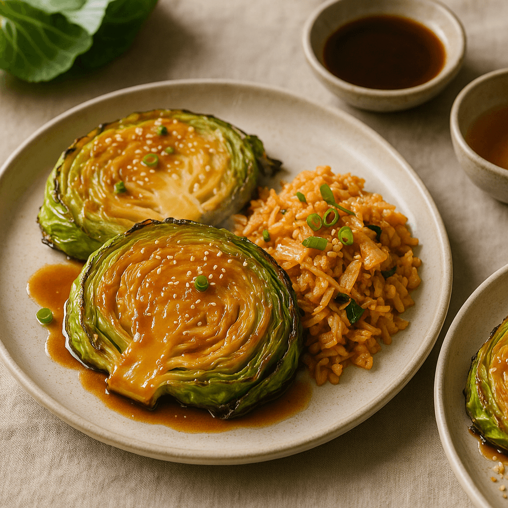 Sheet-Pan Miso-Glazed Cabbage Steaks with Tangy Kimchi Rice — Budget recipe, editorial food photography