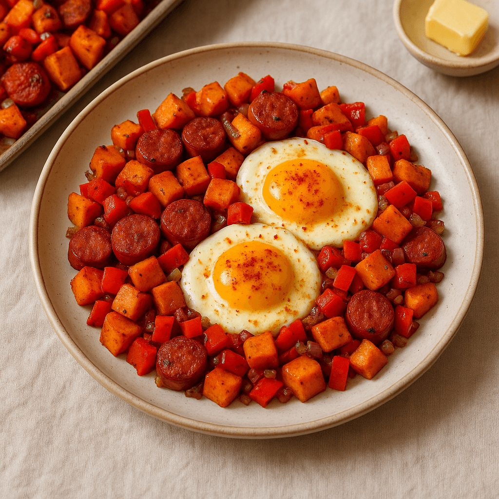 Sheet-Pan West African Sweet Potato Hash with Spiced Butter Eggs — Breakfast recipe, editorial food photography