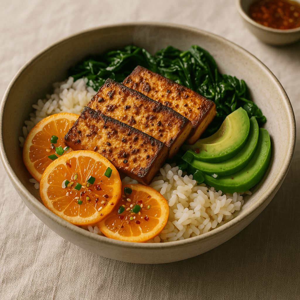 Sichuan Grilled Tofu Breakfast Bowl with Citrus Chili Dressing — Breakfast recipe, editorial food photography