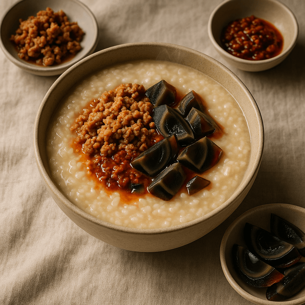 Sichuan-Spiced Pressure Cooker Breakfast Congee with Pork and Preserved Egg — Breakfast recipe, editorial food photography