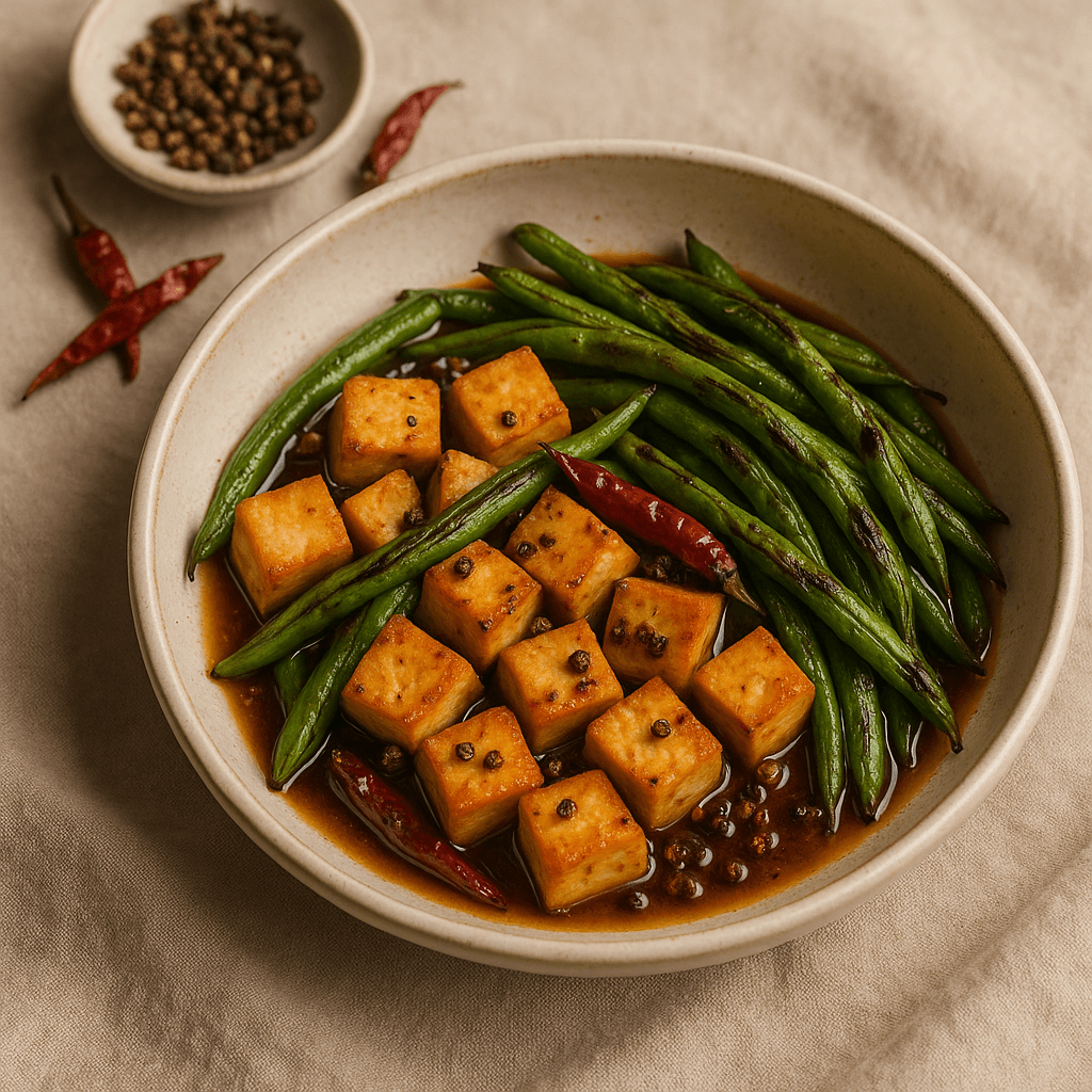 Sichuan-Spiced Tofu Confit with Charred Green Beans — Budget recipe, editorial food photography