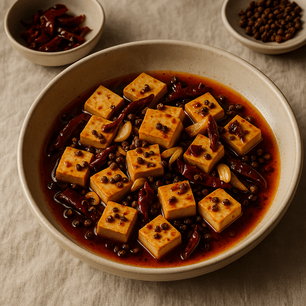 Sichuan-Style Confit Tofu with Sweet-Savory Chili Oil — Vegan recipe, editorial food photography