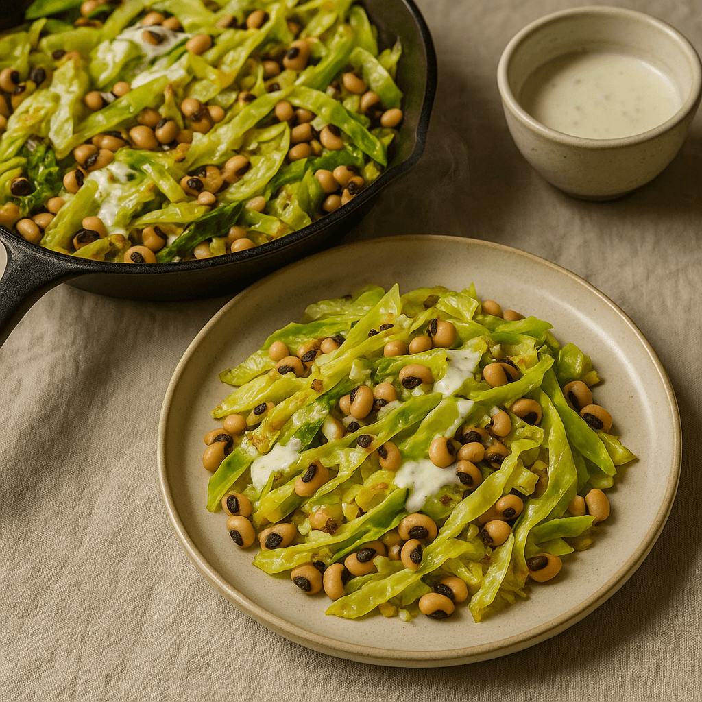 Skillet Caramelized Cabbage with Black-Eyed Peas and Buttermilk Dressing — Vegetarian recipe, editorial food photography