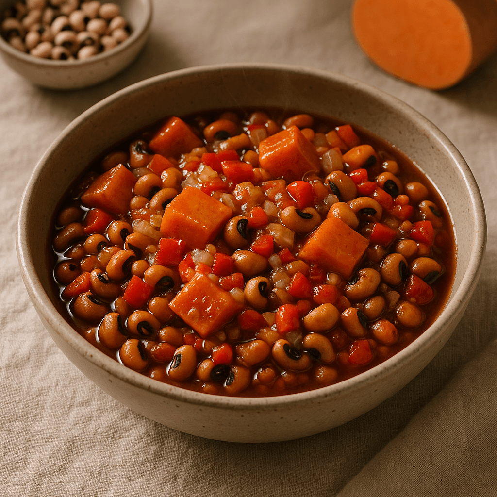 Slow-Simmered Black-Eyed Peas with Sweet Potato and Molasses Glaze — Vegetarian recipe, editorial food photography