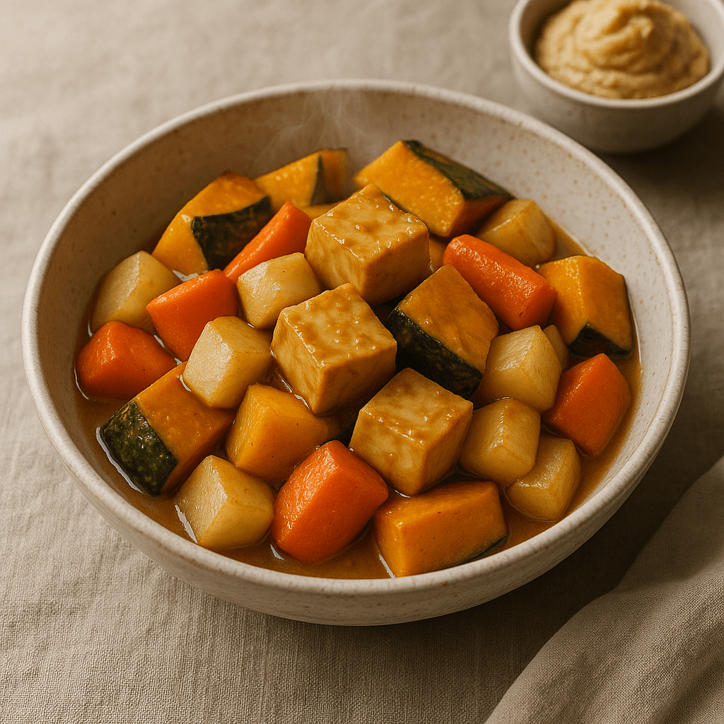 Slow-Simmered Japanese Miso Tofu with Roasted Root Vegetables — Vegan recipe, editorial food photography