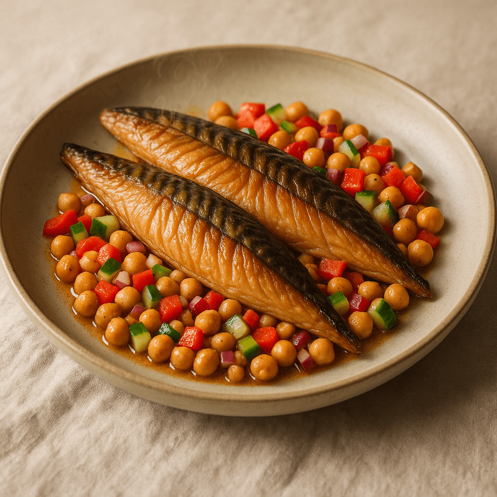 Smoked Mackerel with Spiced Citrus Chickpea Salad — Seasonal recipe, editorial food photography