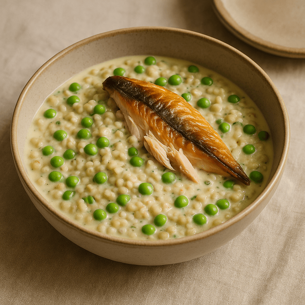 Smoked Mackerel and Stilton Cream Bowl with Peas and Barley — Dinner recipe, editorial food photography
