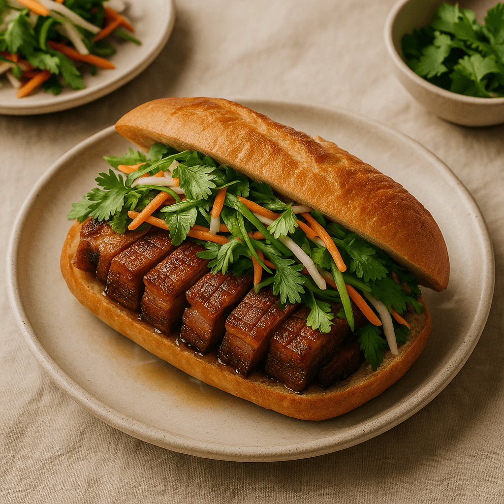 Smoked Pork Belly Banh Mi with Fresh Herb Slaw — Family Meals recipe, editorial food photography