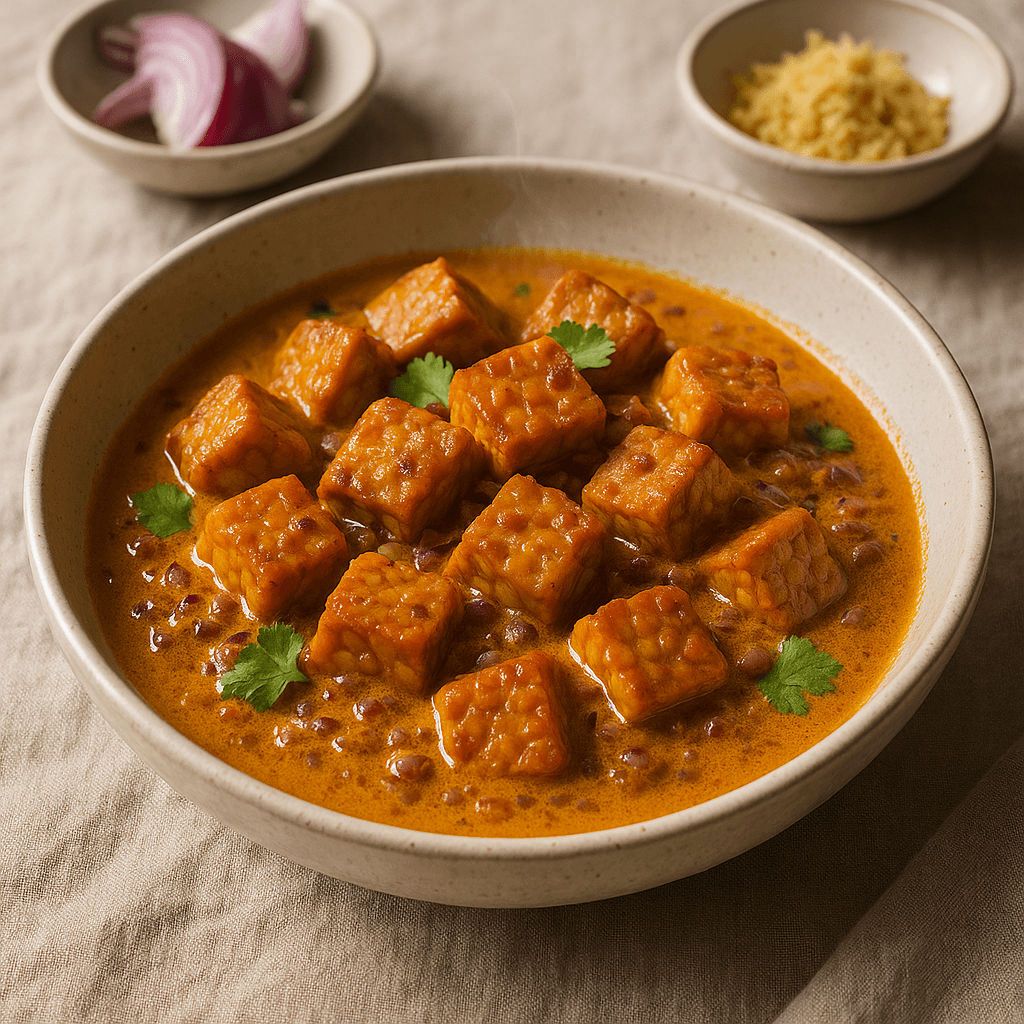 Smoked Tempeh in Spiced Coconut Sauce — Lunch recipe, editorial food photography