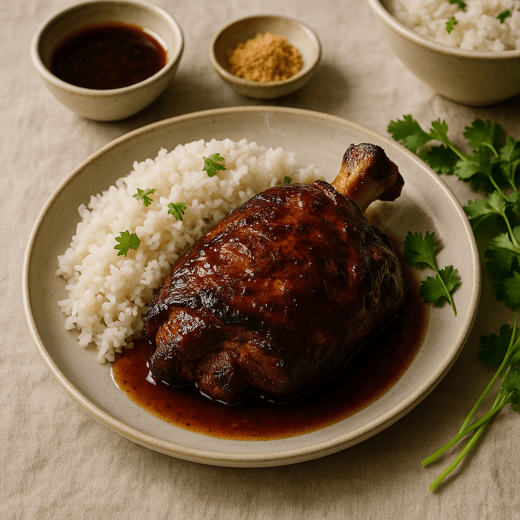 Smoked Thai Pork Shoulder with Tamarind Glaze and Coconut Rice — Family Meals recipe, editorial food photography
