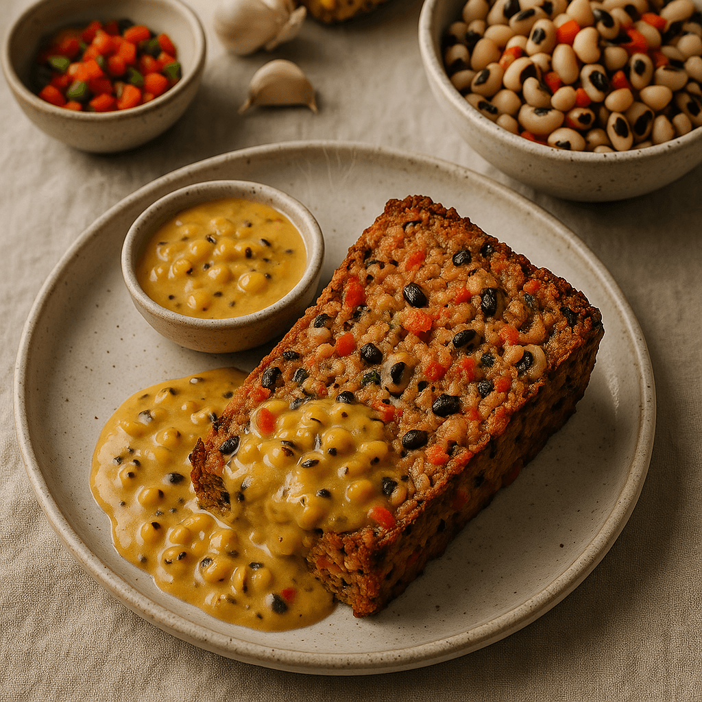 Smoky Baked Black-Eyed Pea Loaf with Charred Corn Gravy — Vegan recipe cover