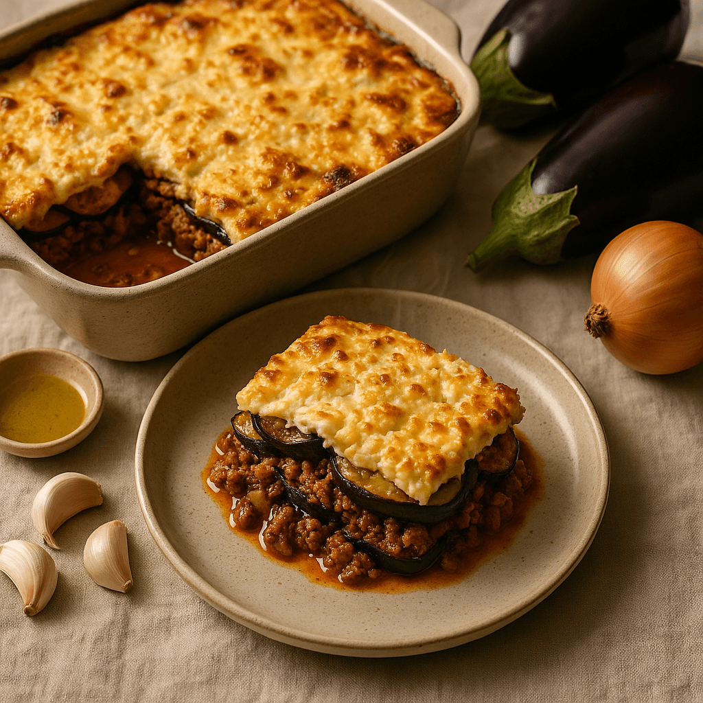 Smoky Baked Lamb and Eggplant Moussaka with Feta Crust — Family Meals recipe, editorial food photography