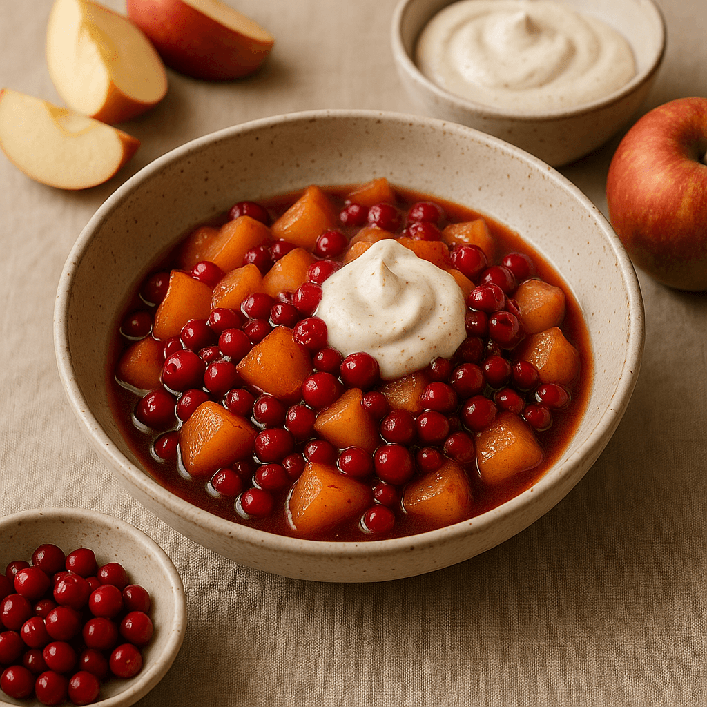 Smoky Braised Lingonberry and Apple Compote with Cardamom Cream — Desserts recipe, editorial food photography