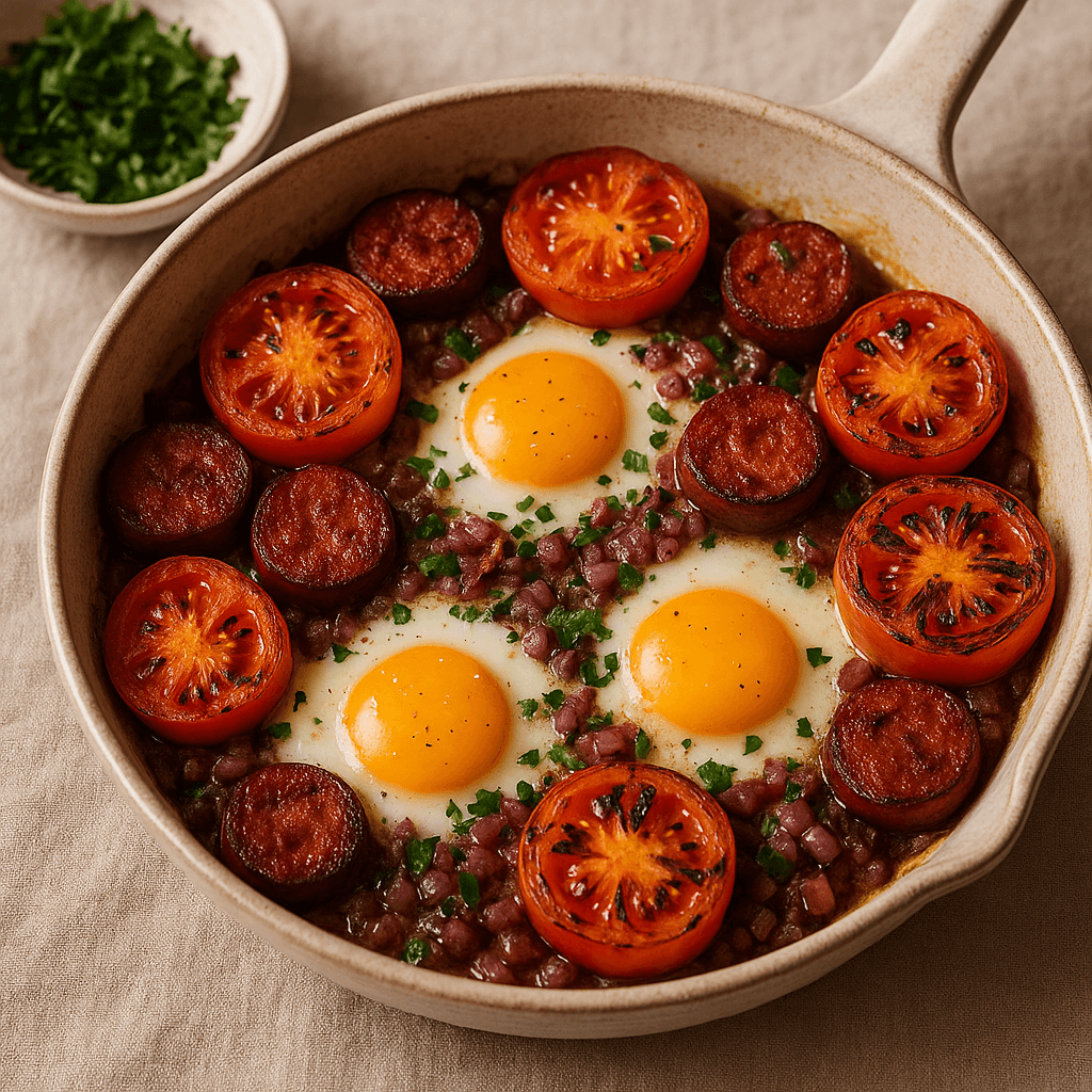 Smoky Chorizo and Charred Tomato Breakfast Skillet — Breakfast recipe, editorial food photography