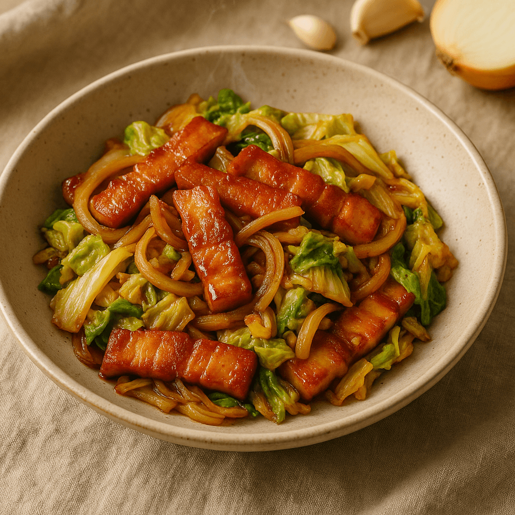 Smoky Korean Pork Belly Stir-Fry with Gochujang Glaze — Quick Meals recipe, editorial food photography