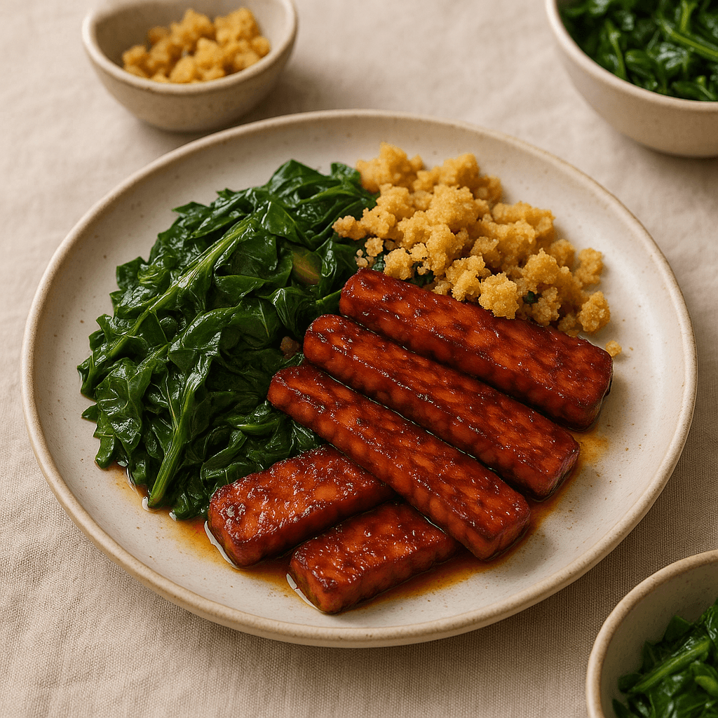 Smoky Marinated Tempeh with Collard Greens and Cornbread Crumble — Vegan recipe, editorial food photography
