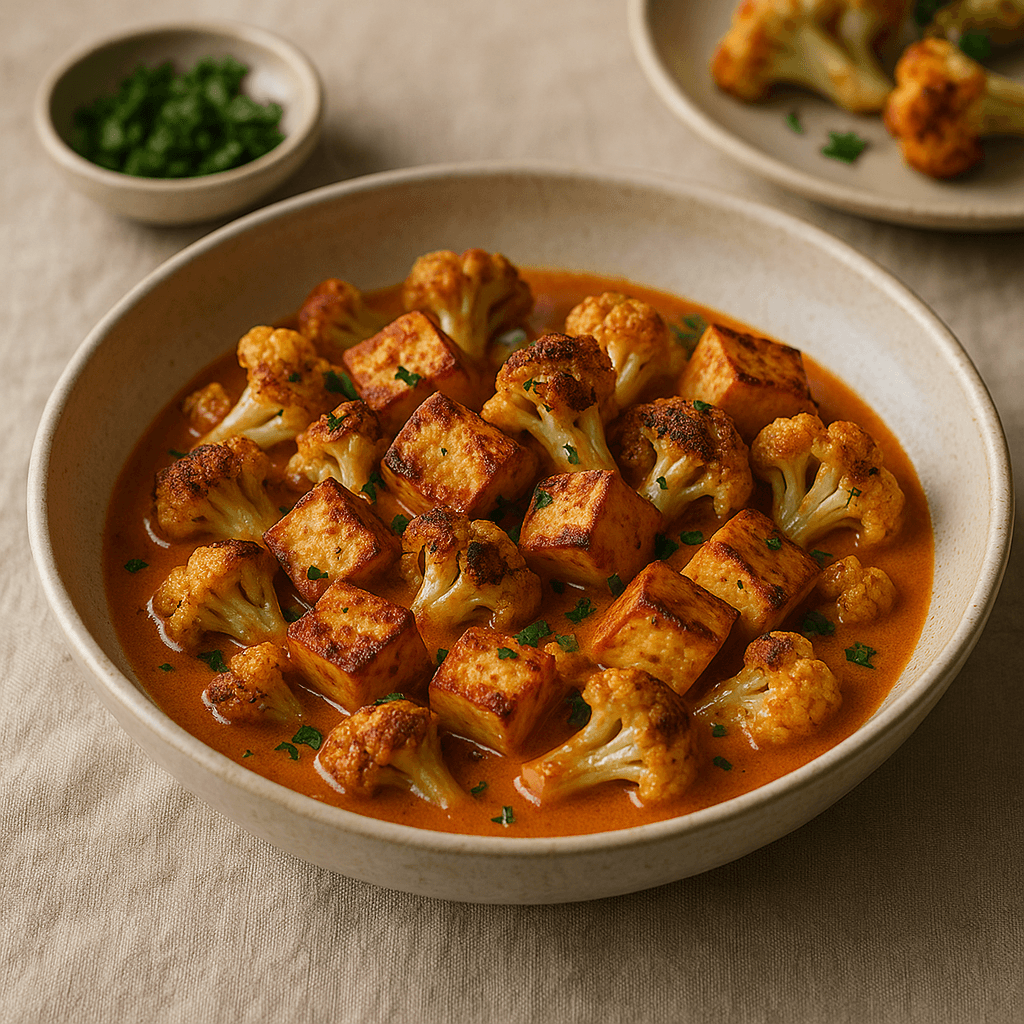 Smoky Paneer and Cauliflower Sheet-Pan with Creamy Tomato Sauce — Vegetarian recipe, editorial food photography