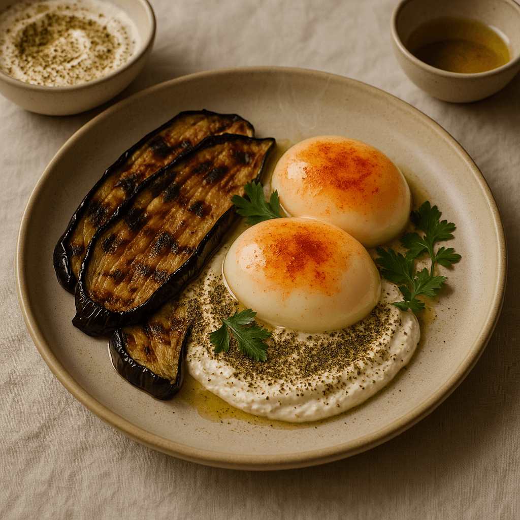 Smoky Sous-Vide Eggs with Charred Eggplant and Za’atar Labneh — Breakfast recipe, editorial food photography
