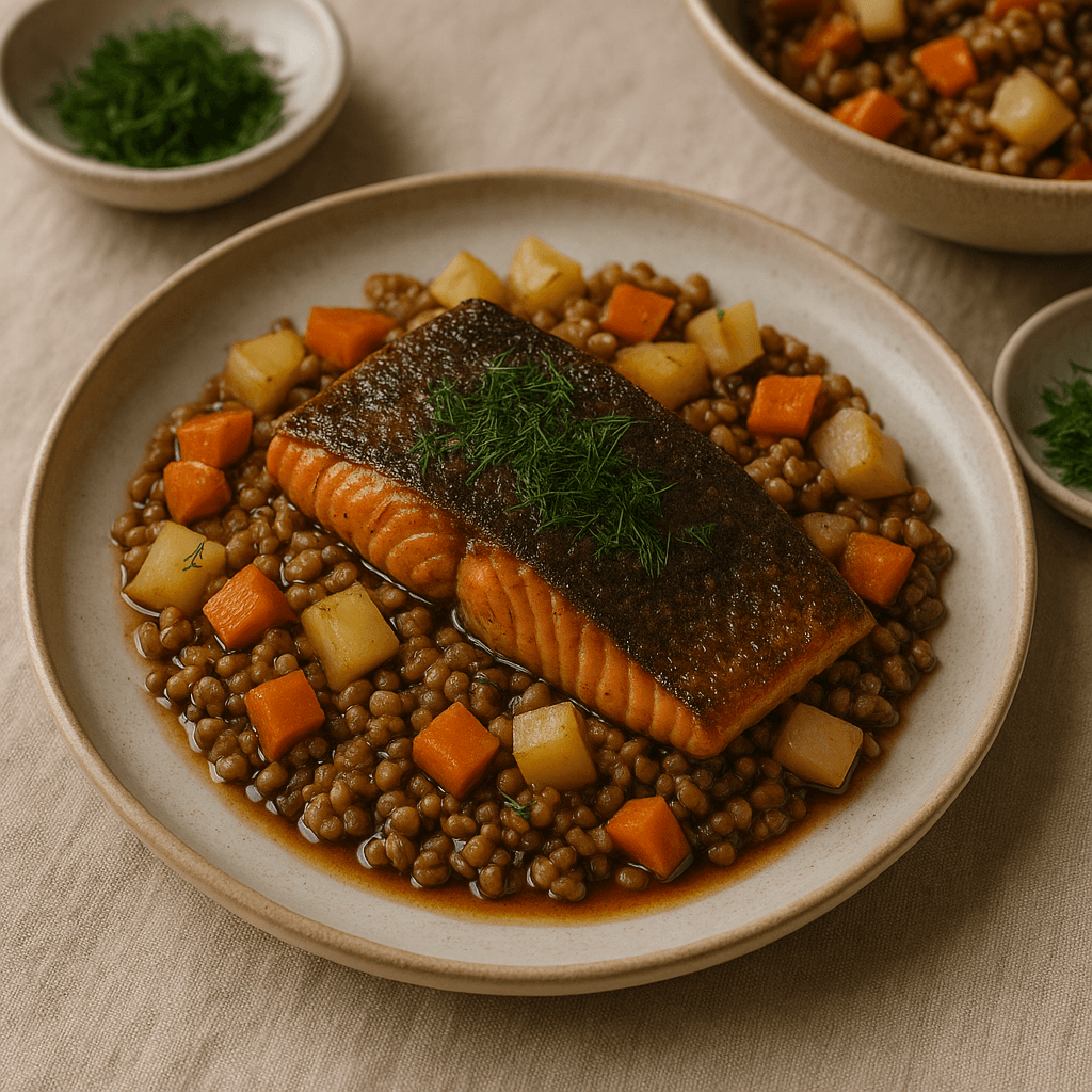 Soy-Simmered Arctic Char with Rye and Root Vegetables — Dinner recipe, editorial food photography