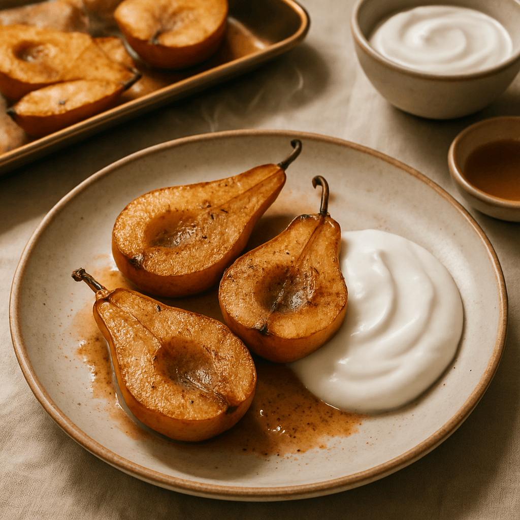 Spiced Cardamom Sheet-Pan Roasted Pears with Coconut Yogurt — Desserts recipe, editorial food photography