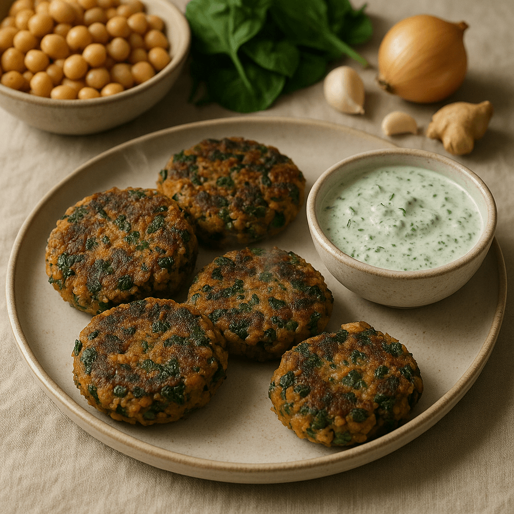 Spiced Chickpea and Spinach Patties with Cilantro Yogurt — Budget recipe, editorial food photography