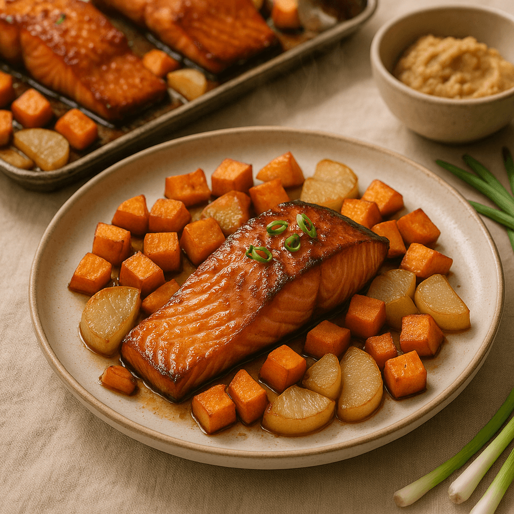 Spiced Miso Salmon Sheet-Pan with Roasted Sweet Potatoes and Daikon — Quick Meals recipe, editorial food photography