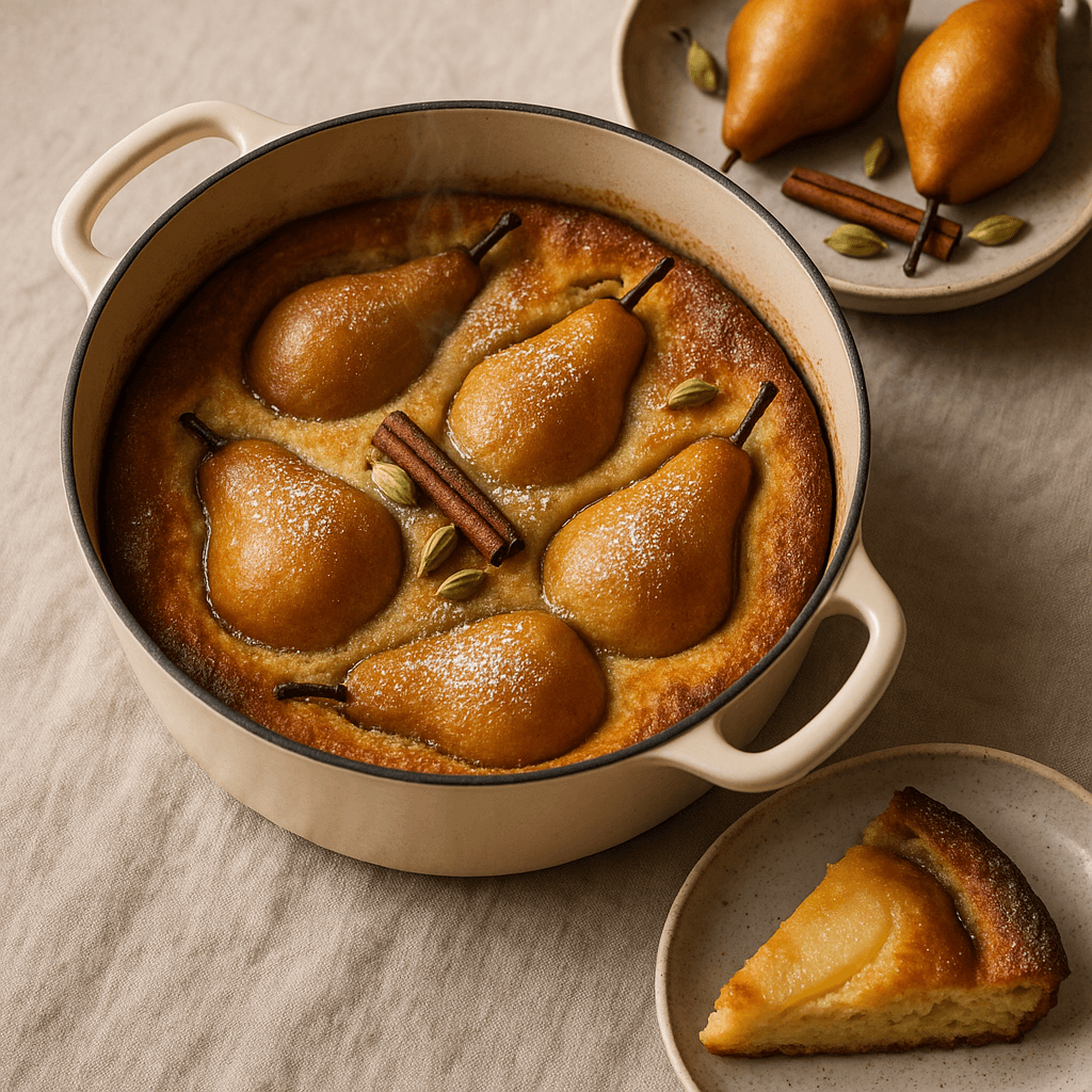 Spiced Pear and Cardamom Dutch Oven Clafoutis — Desserts recipe, editorial food photography