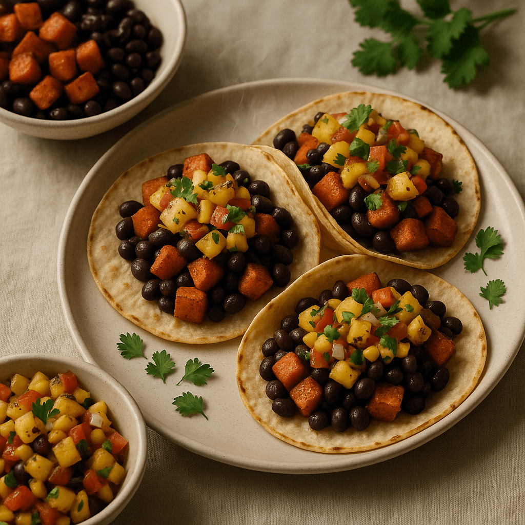 Spiced Sweet Potato and Black Bean Tacos with Charred Pineapple Salsa — Vegetarian recipe, editorial food photography