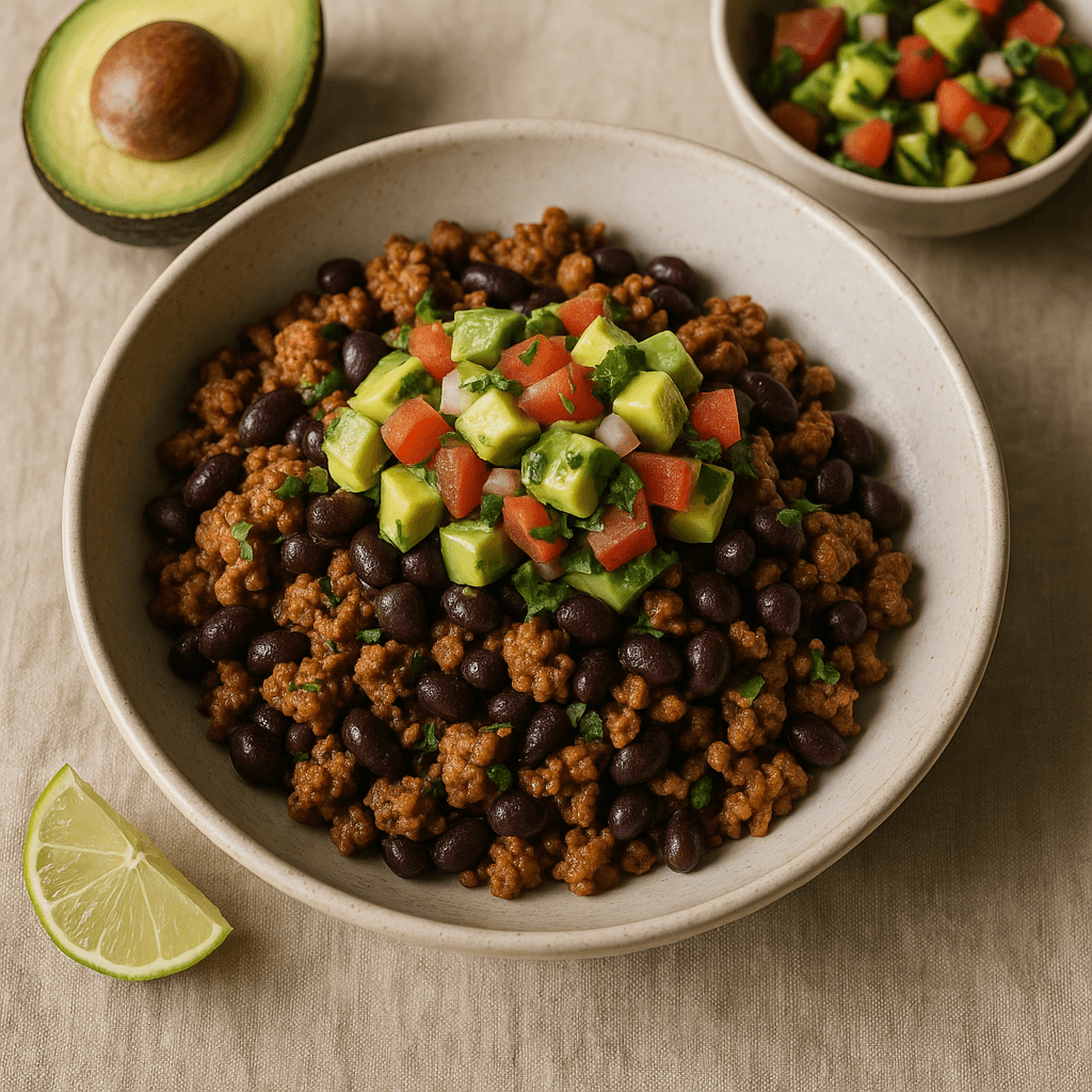 Spiced Turkey and Black Bean Skillet with Avocado Salsa — High Protein recipe, editorial food photography