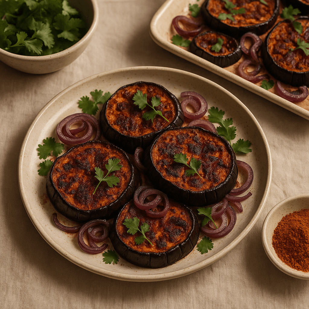 Sri Lankan-Spiced Charred Eggplant Sheet Pan Lunch — Lunch recipe, editorial food photography