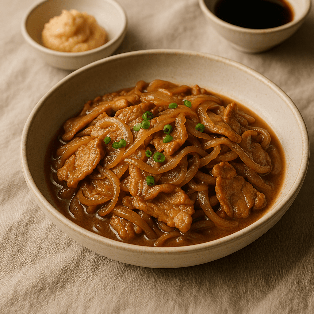 Sweet-Savory Japanese Miso Pork Skillet with Caramelized Onions — Budget recipe, editorial food photography
