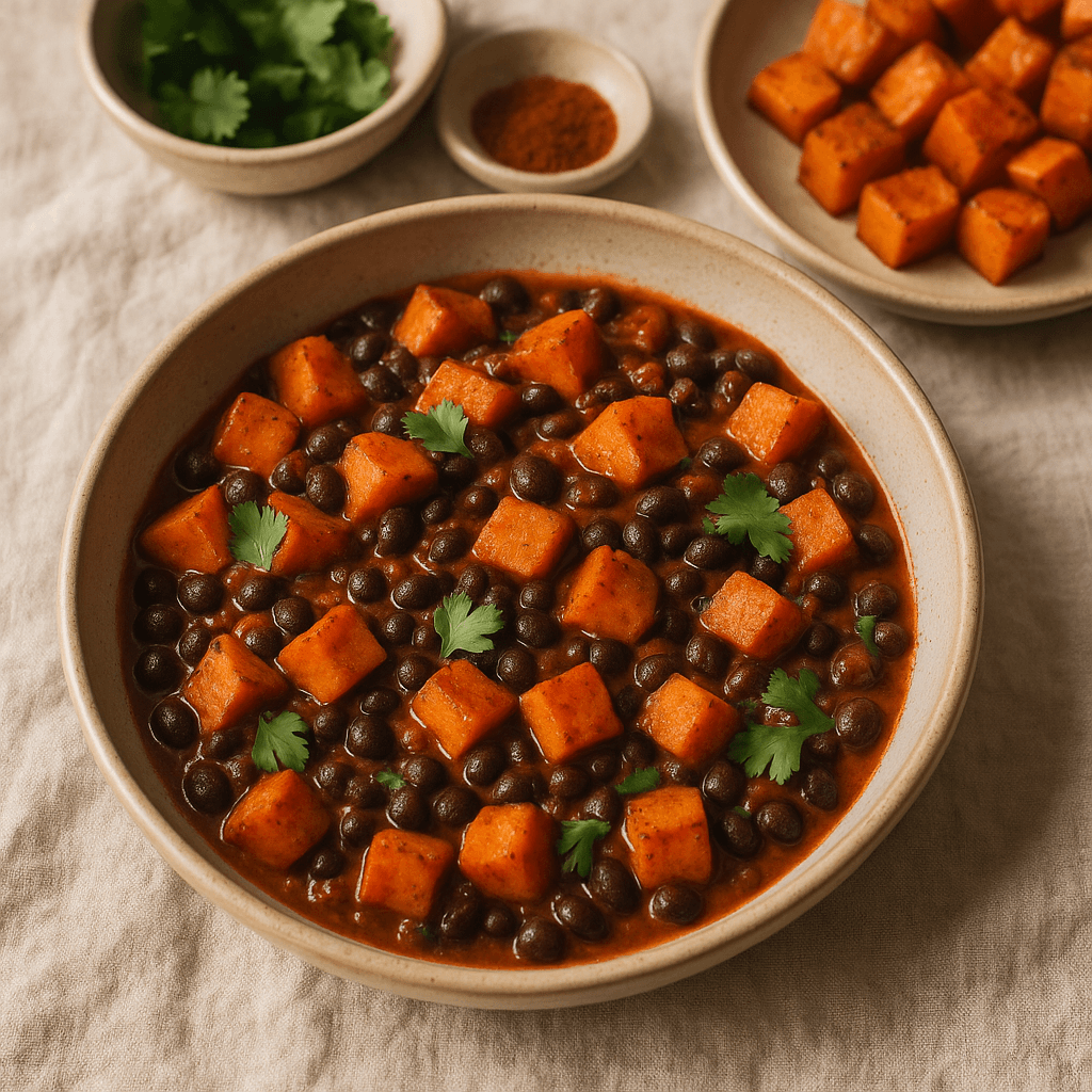 Tex-Mex Black Bean and Sweet Potato Skillet with Smoky Chipotle Sauce — Seasonal recipe, editorial food photography