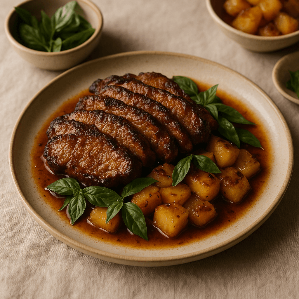 Thai Basil Marinated Pork Shoulder with Caramelized Pineapple — Lunch recipe, editorial food photography