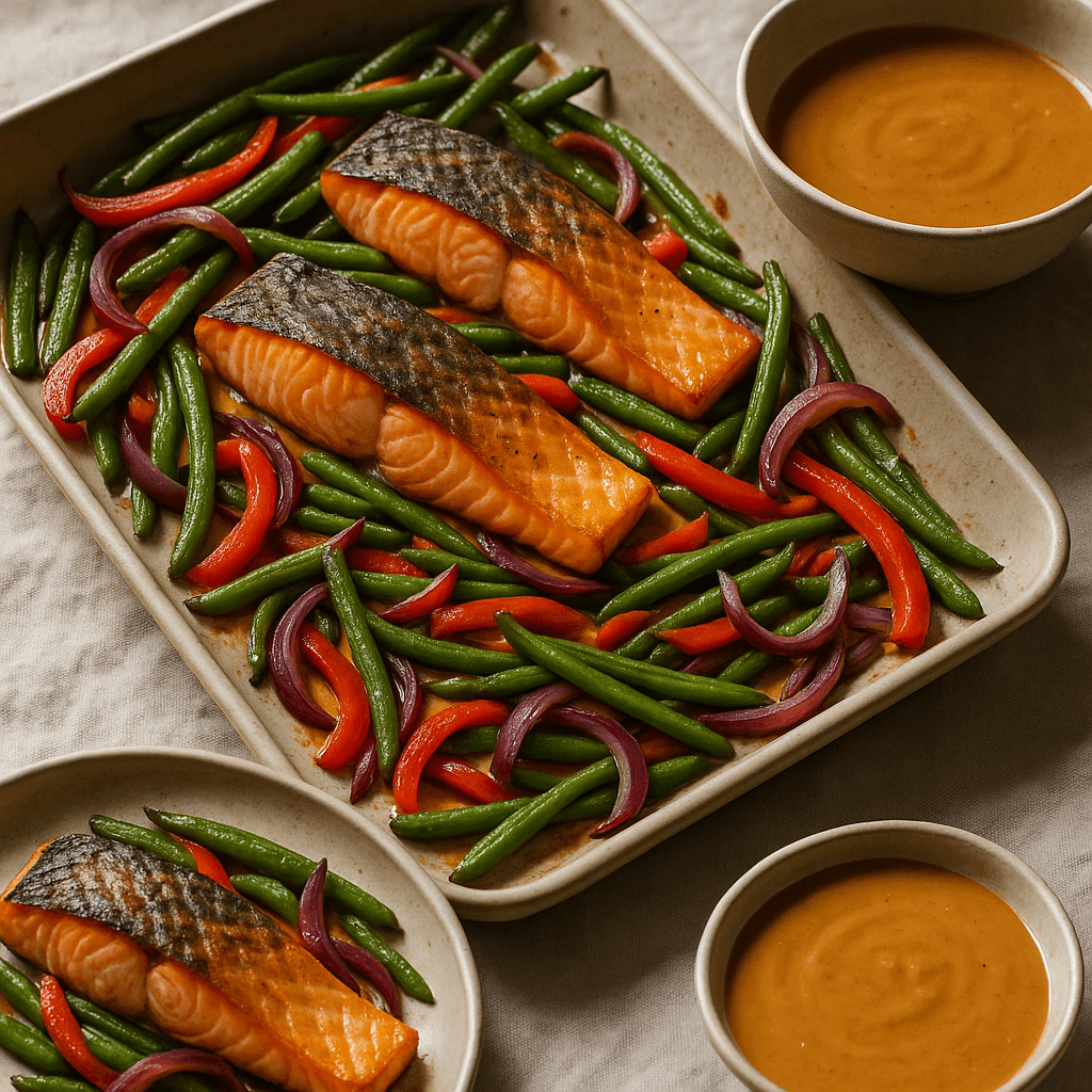 Thai Grilled Salmon Sheet-Pan with Peanut Butter Sauce — Lunch recipe, editorial food photography
