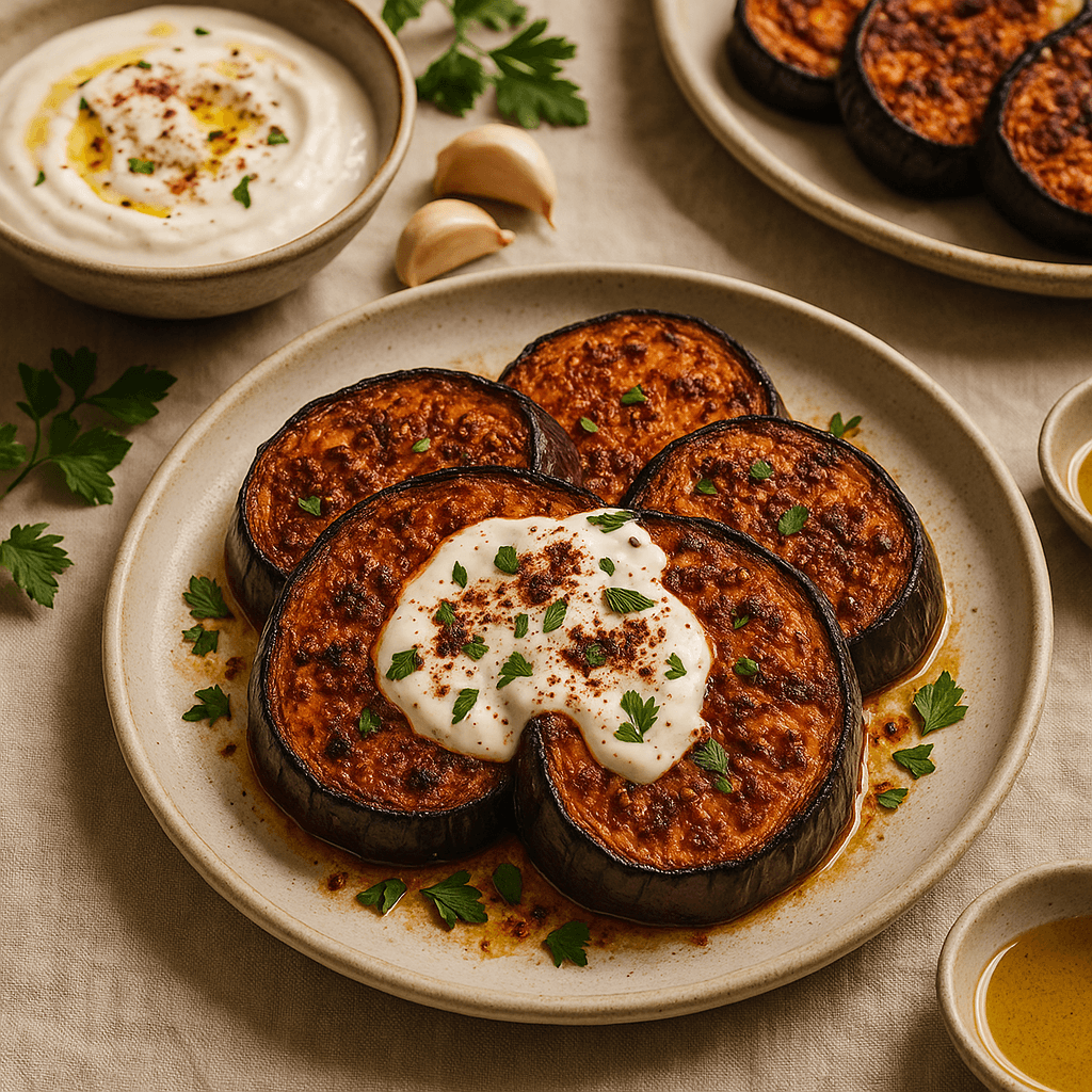 Turkish Marinated Eggplant Steaks with Tangy Yogurt Sauce — Budget recipe, editorial food photography