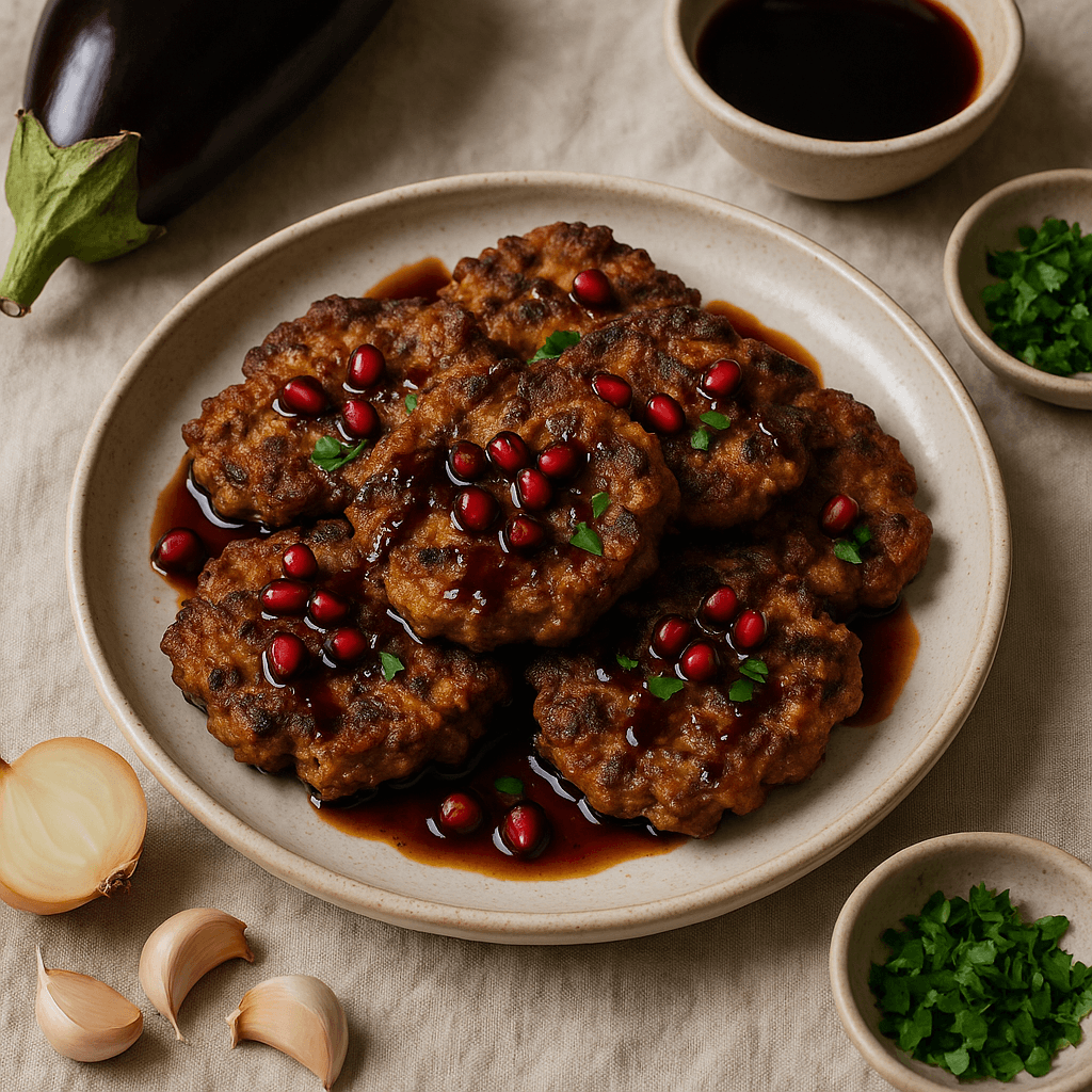 Turkish-Spiced Eggplant Fritters with Pomegranate Molasses Glaze — Lunch recipe, editorial food photography