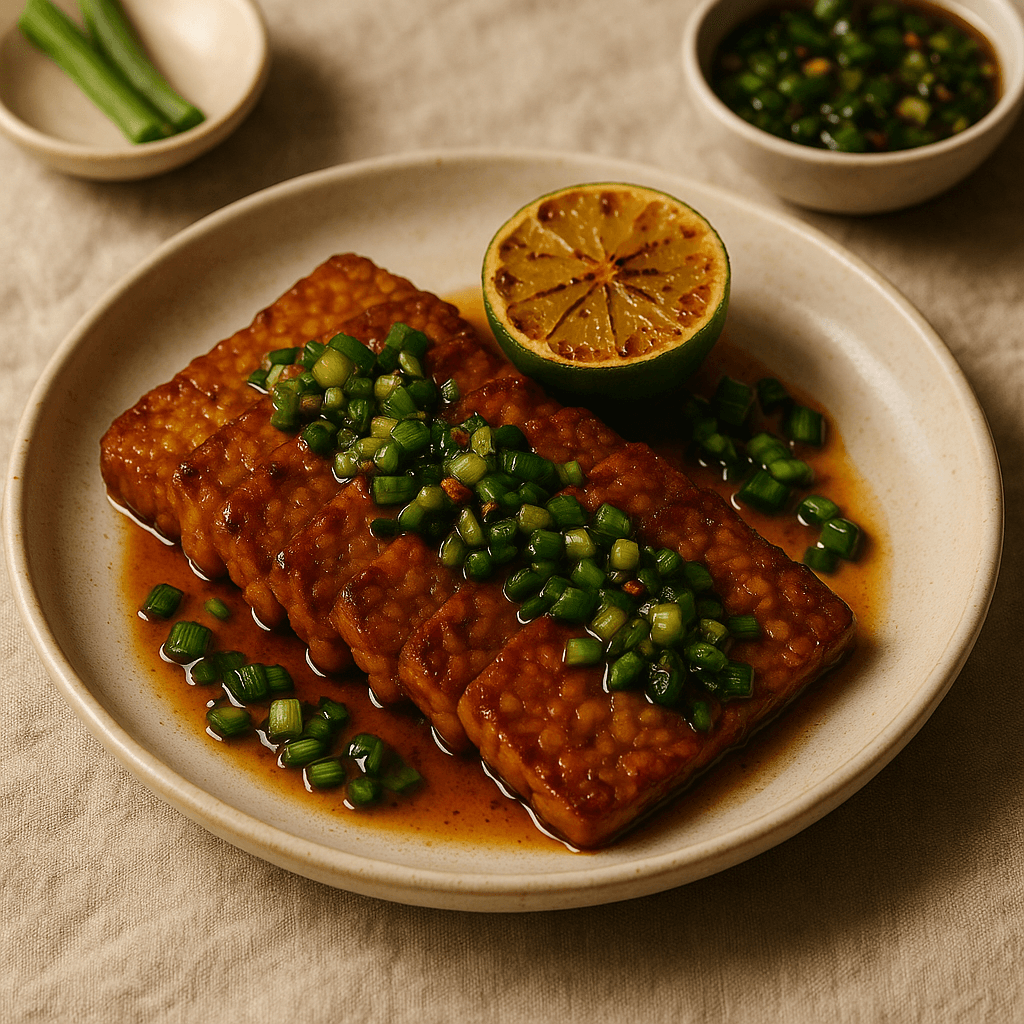 Vietnamese Baked Tempeh with Charred Lime and Scallion Sauce — High Protein recipe, editorial food photography